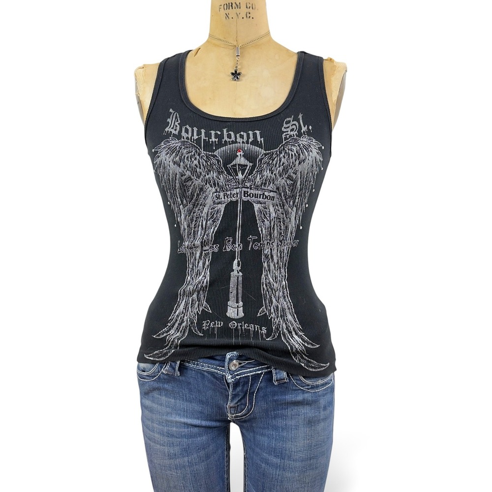 Y2K Streetwear Rhinestone Tank Size S Grunge New Orleans Edgy Top Punk McBling